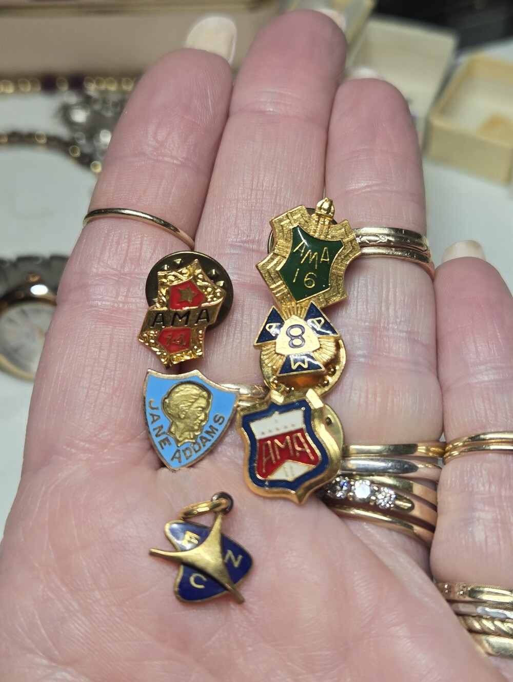 vintage American Motorcyclist Association (AMA) membership and achievement pins